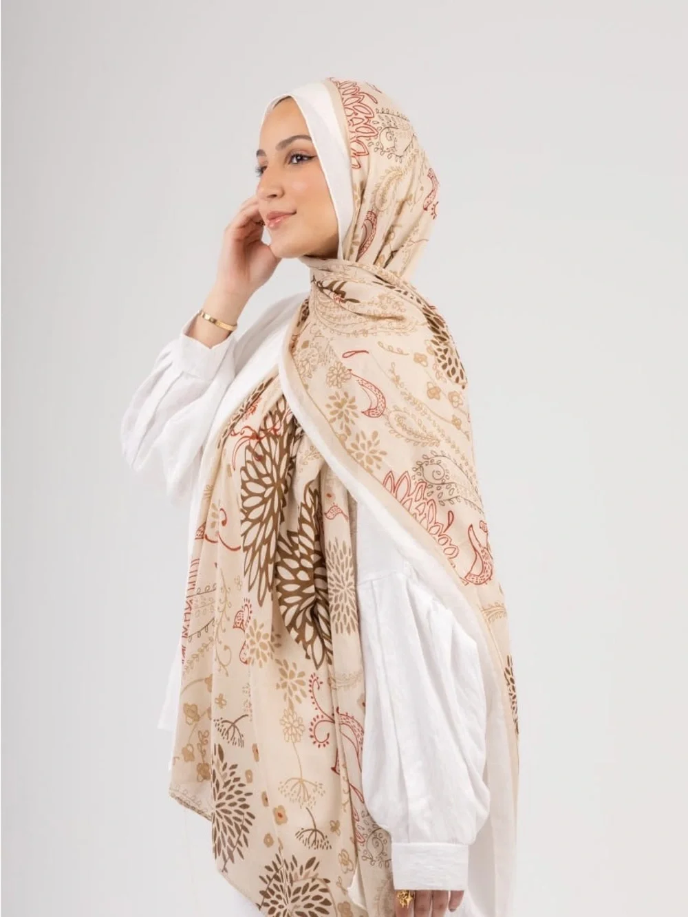 Beige Floral Pattern Lightweight Hijab Scarf